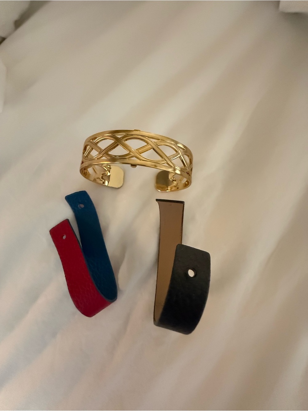 Brighton Gold Crossover Cuff with Interchangeable Red, Blue and Black andtStraps